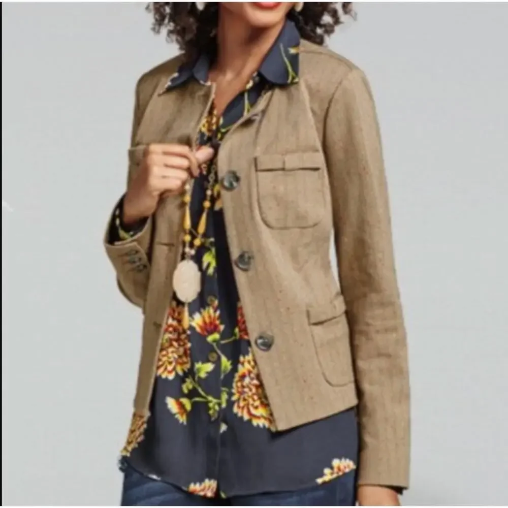 CAbi Penny Blazer Womens Size Medium Brown Herringbone Fleck Button Front Jacket